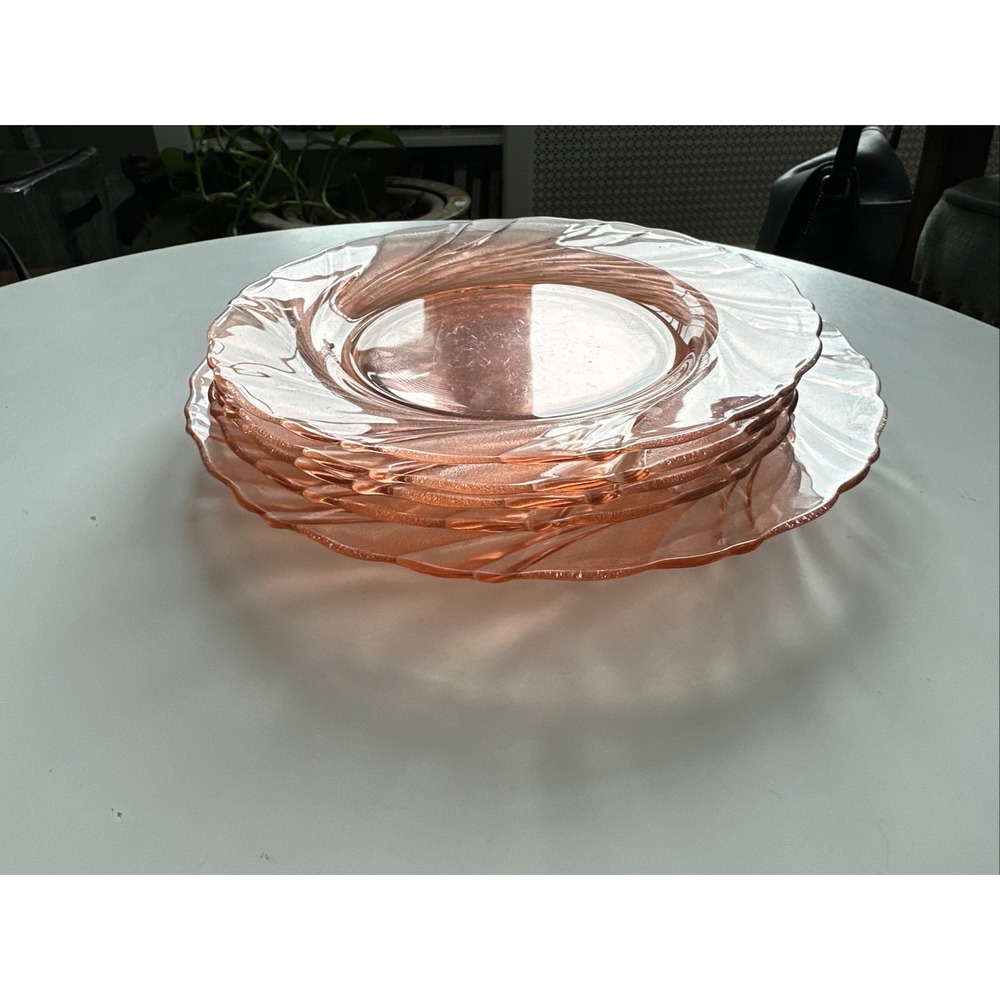 Lot Of 5 Vintage 1970's Vereco France Pink Glass Plates, 1 Dinner & 4 Dessert